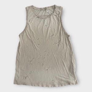 Stray Heart Women’s Top XS Distressed Frayed Muscle Tank Ivory Grey Yoga Gym